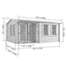 Welbeck Log Cabin Garden Office, Log Tongue & Groove. Front left outside view diagram with measurements on a white background, showing roof apex, double glass front doors, front and side windows. 5x4m.