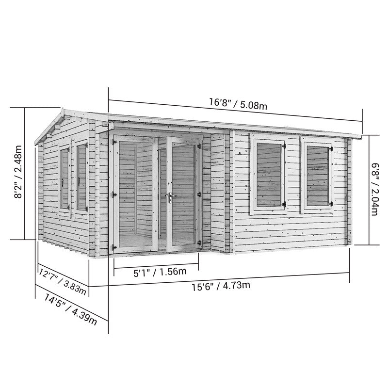 Welbeck Log Cabin Garden Office, Log Tongue & Groove. Front left outside view diagram with measurements on a white background, showing roof apex, double glass front doors, front and side windows. 5x4m.