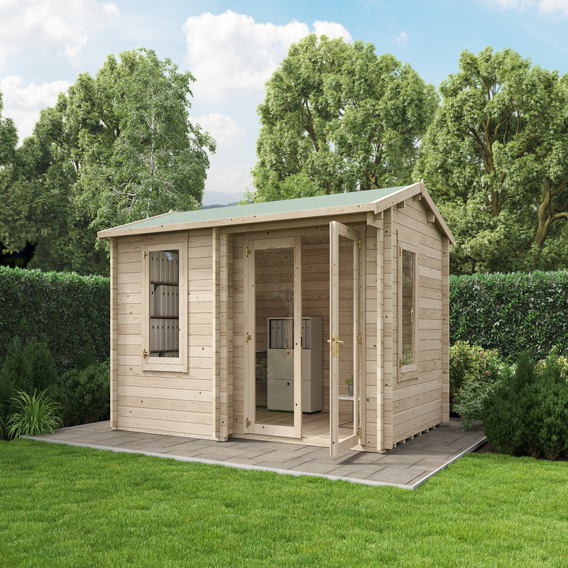 Welbeck Log Cabin Garden Office, Log Tongue & Groove. Front right outside view in situ in a garden, showing roof apex, double glass front doors, front and side windows. 4x3m.