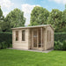 Welbeck Log Cabin Garden Office, Log Tongue & Groove. Front right outside view in situ in a garden, showing roof apex, double glass front doors, front and side windows. 5x4m.