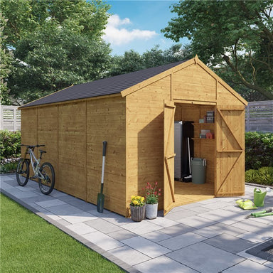 Customisable Apex Tongue & Groove Wooden Shed. Outside view of front left sides showing example of windowless shed and double opening doors on the end. Set in garden situ. 20x8 ft.