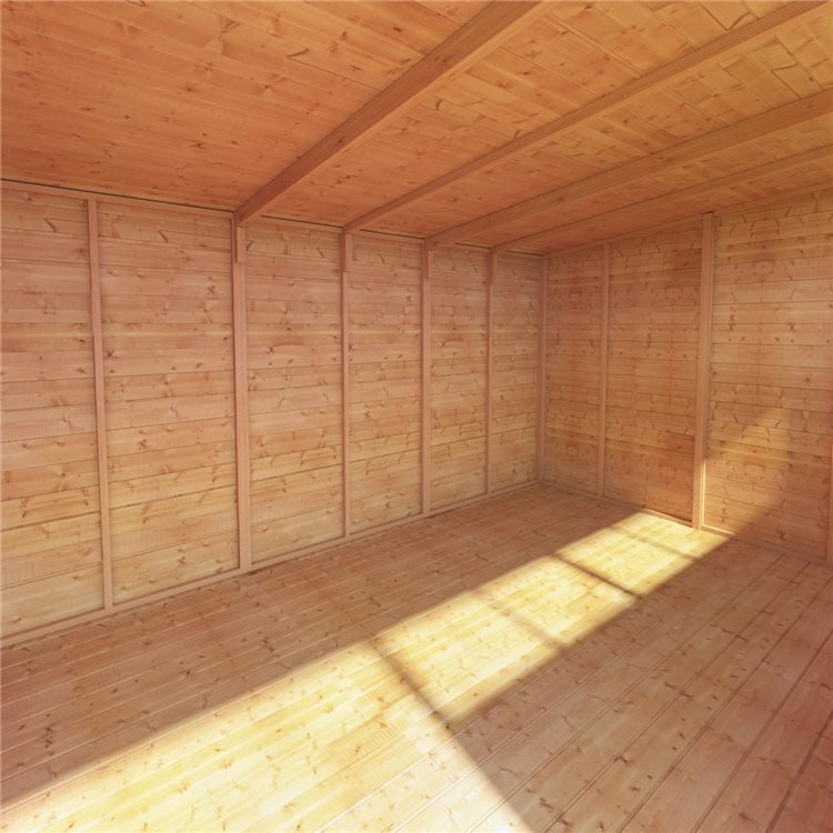 Customisable Pent Tongue & Groove Wooden Shed, inside view with windows. 12x8.