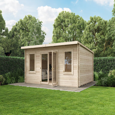 Ashley Pent Log Cabin, Natural Log Tongue & Groove, 5x4M.  Front left view of cabin in garden with one of the glass double doors open and a window each side.