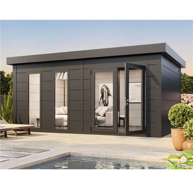  Telluria Sustainable Luminato Large Steel Garden Room in Anthracite. Outside front, right view of building in situ with decor inside, showing how stunning it can look. Showing front double glass doors, with right hand door open, and two floor to ceiling windows adjacent to the doors.