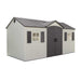 Lifetime 15x8 single entrance plastic shed with dual doors and windows, beautiful cottage style with apex above doors. Front, left view with white background