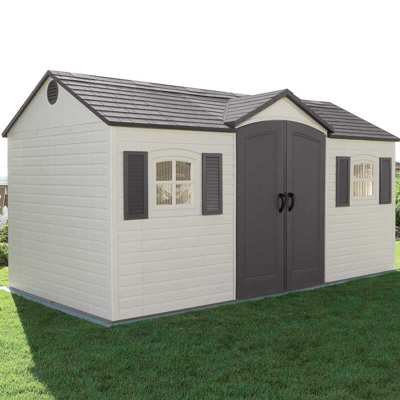 Lifetime 15x8 single entrance plastic shed with dual doors and windows, beautiful cottage style with apex above doors. Front, left view