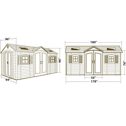 Lifetime 15x8 dual entrance plastic shed in beautiful cottage style. Front Left outside view diagram with measurements.