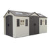 Lifetime 15x8 dual entrance plastic shed with dual doors and windows, beautiful cottage style with apex above doors. Front, left view on white background.