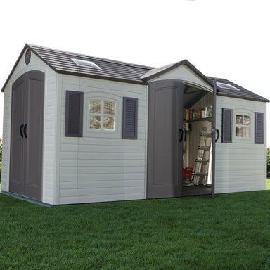 Lifetime 15x8 Dual  entrance plastic shed with dual doors, windows, and skylights. Beautiful cottage style with apex above doors. Front, left view with front doors open