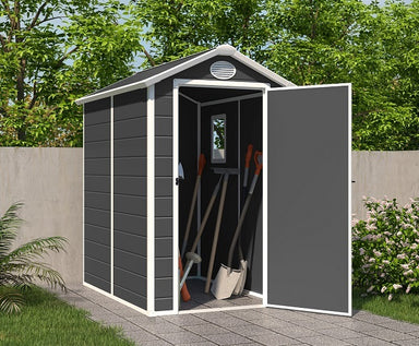 image showing the front and left side of the Jasmine Plastic Apex shed with front door open