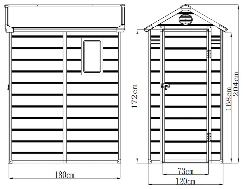 Diagram with measurements showing the front and right side with window side of the Jasmine Plastic Apex shed