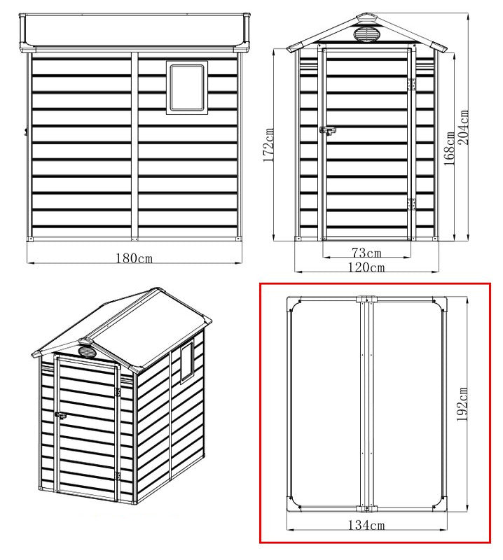 Diagram with measurements showing the front and right side with window side of the Jasmine Plastic Apex shed and the free footing diagram with measurements.