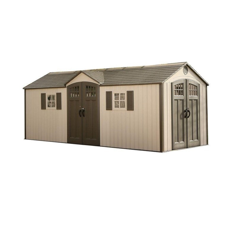 Lifetime 20' Cottage Style Plastic Shed, Dual Entrance, front and right view of building showing the two entrances with double doors and 2 windows with shutters. Building is on a white background.