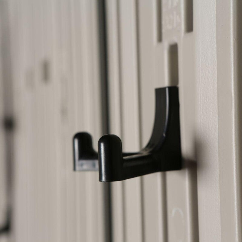 Lifetime 20' Cottage Style Plastic Shed, Dual Entrance. close up of adjustable tool rack