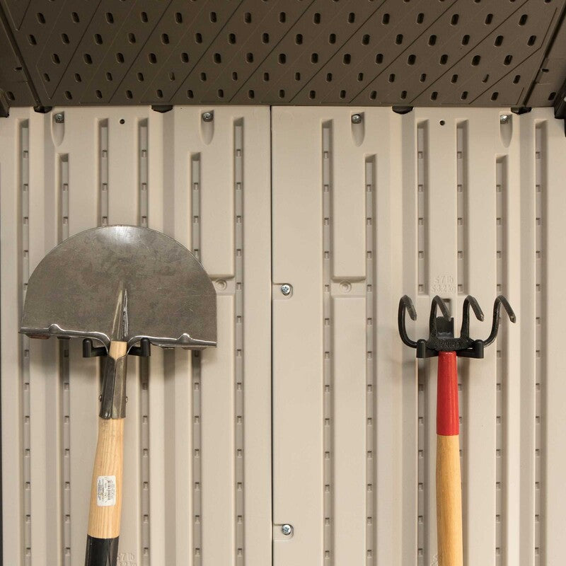 Lifetime 17.5' Cottage Style Plastic Shed,  Dual Entrance. Inside close up of tool racks.