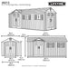 Lifetime 17.5' Cottage Style Plastic Shed,  Dual Entrance. Diagram with measurements of front and right end of building.