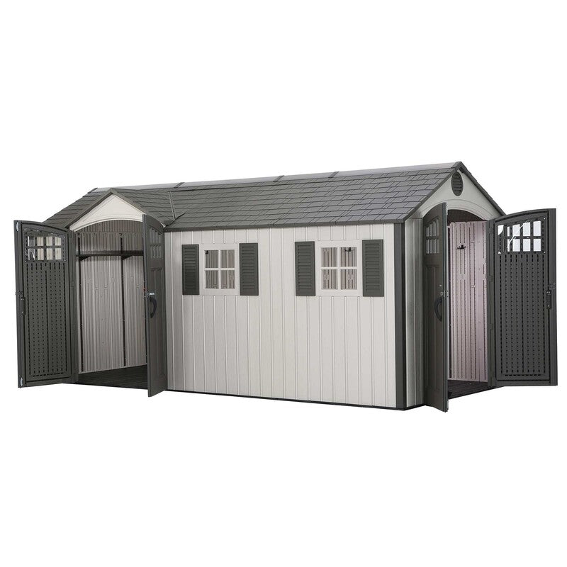 Lifetime 17.5' Cottage Style Plastic Shed,  Dual Entrance. Image of front right outside on white background, showing dual entrances, both with double doors open and the two front windows with shutters. Covered air vent is above the door on the right end of the building