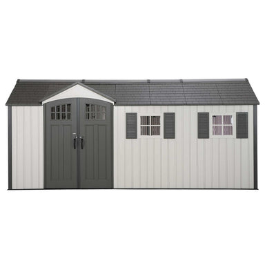 Lifetime 17.5' Cottage Style Plastic Shed,  Dual Entrance front image with double door entrance and two windows with shutters