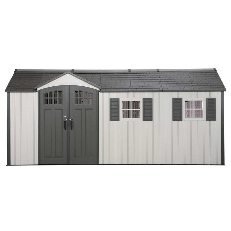 Lifetime 17.5' Cottage Style Plastic Shed,  Dual Entrance front image with double door entrance and two windows with shutters