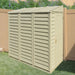 Saffron Lean-To Vinyl Shed with Foundation Kit mounted to a fence on the right. Front right view showing slatted side and roof with front door shut.