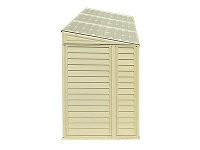 Saffron Lean-To Vinyl Shed with Foundation Kit. Back view on a white background showing slatted back wall and roof.