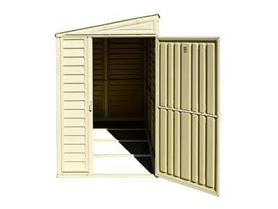 Saffron Lean-To Vinyl Shed with Foundation Kit. Front view on a white background, with door open showing inside front door and foundation kit.